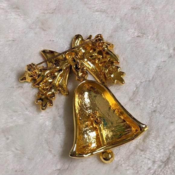 Vintage 1980's Goldtone Holiday Bell with Red Ribbon Brooche - Picture 6 of 8